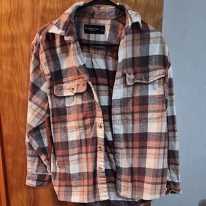 Plaid Button-Up Shirt Jacket in Cream, Rust & Brown